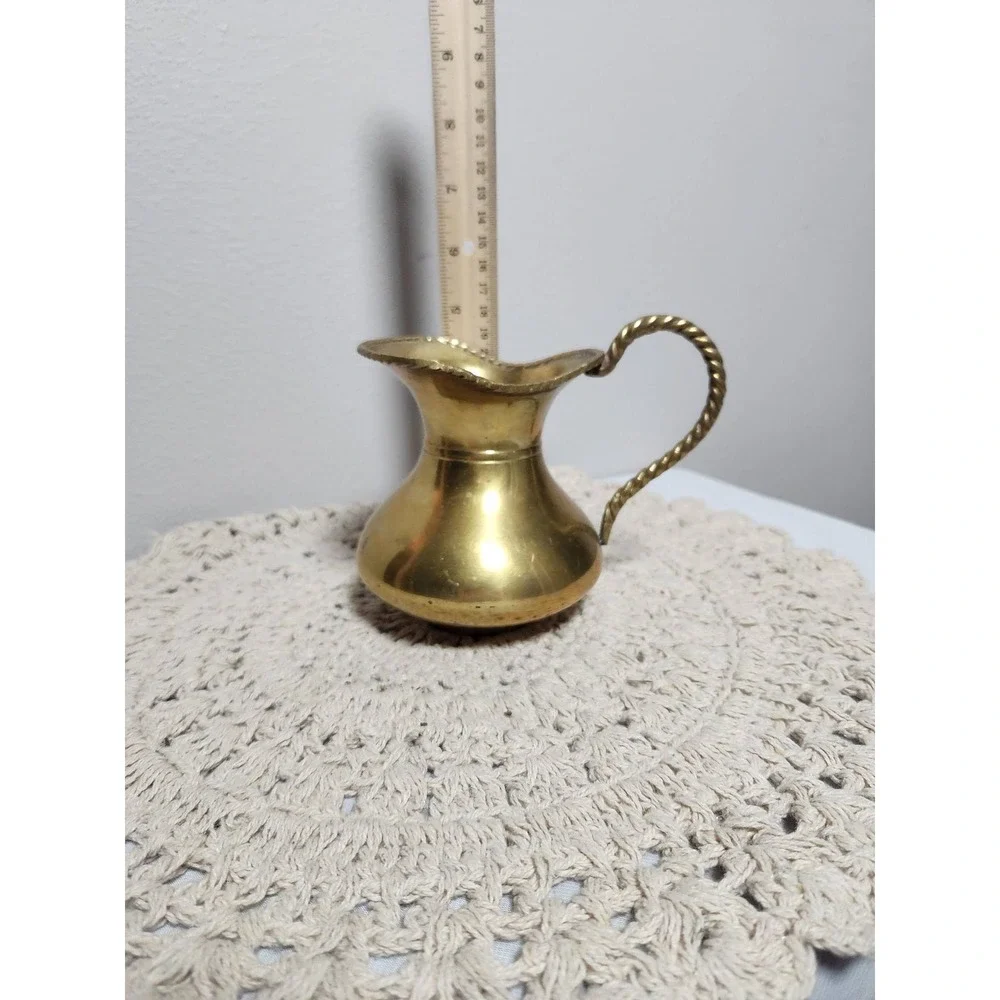 Vintage Brass Pitcher with Twisted Rope Handle Made in India Decorative Bud Vase